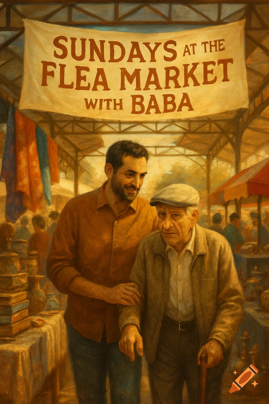 A painterly illustration of a man and an older man walking through a busy flea market, with a banner above.