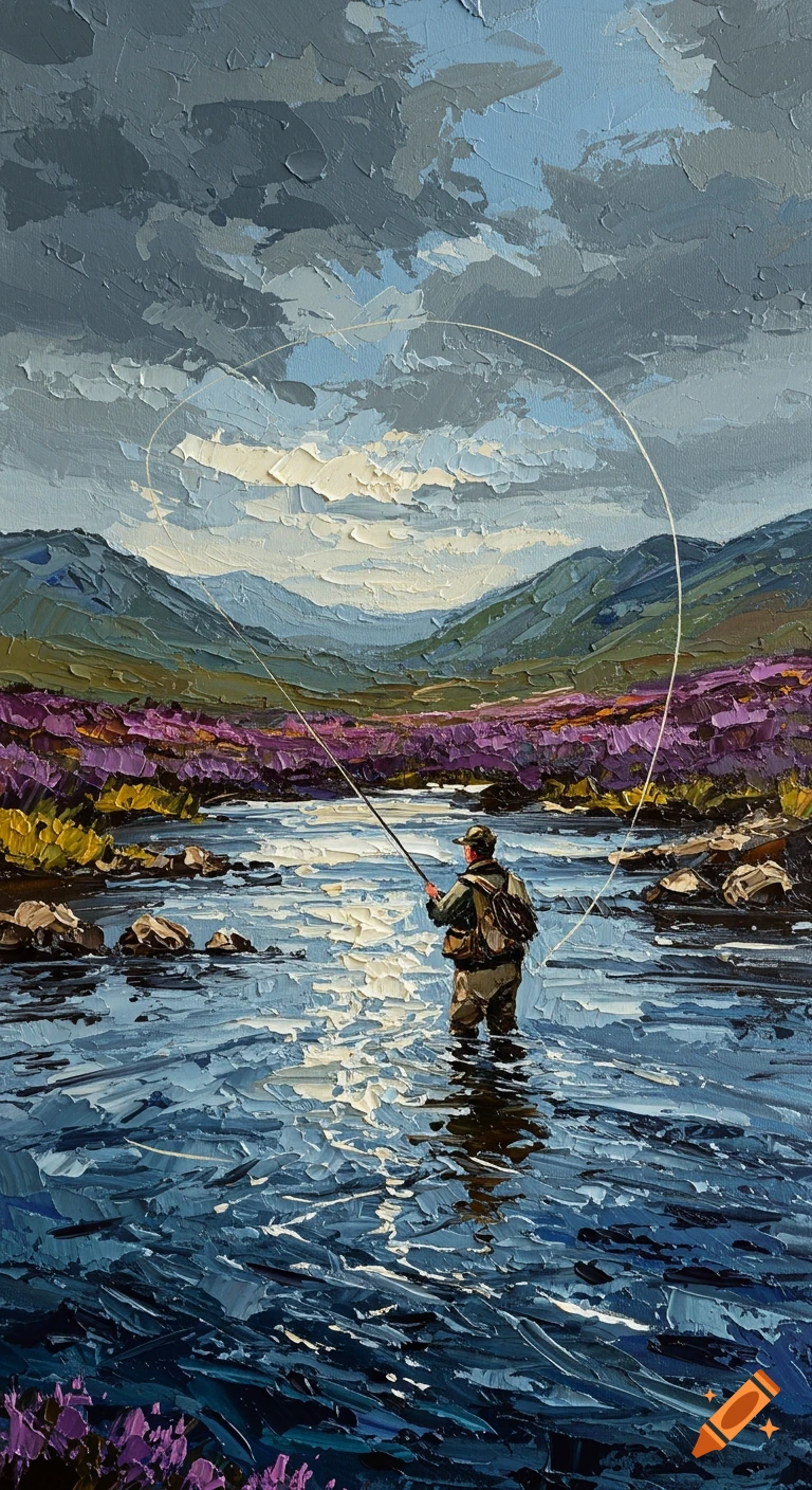 Impasto oil painting of an angler fly fishing in a river in the Scottish Highlands, with purple heather fields and mountains.