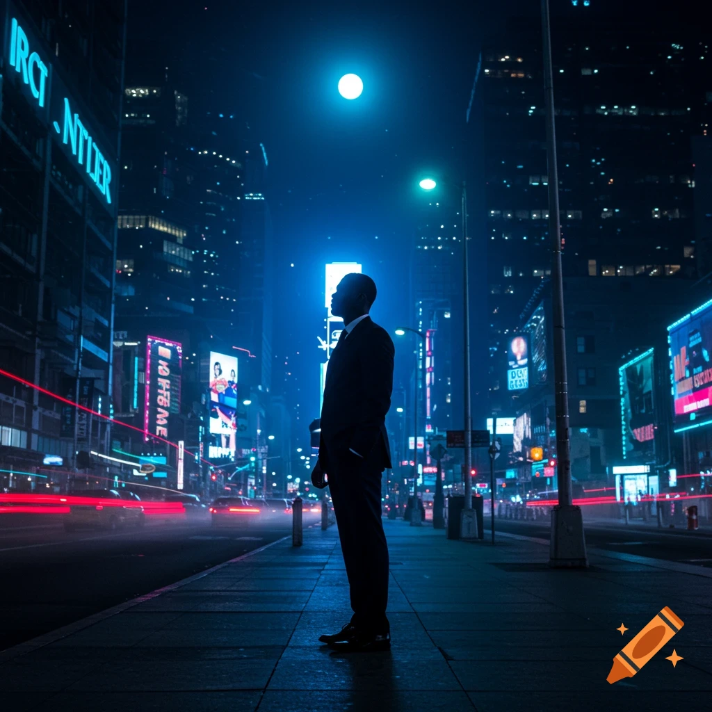 Photorealistic image of a man in a suit standing on a city street at night, illuminated by neon blue lights and distant red light trails.
