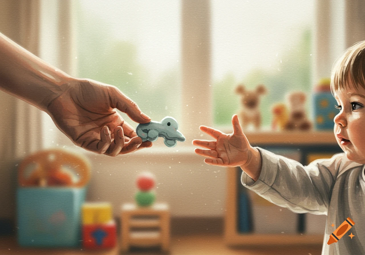 An adult hand offers a blue toy car to a baby reaching out, depicted in a soft, painterly illustration style.