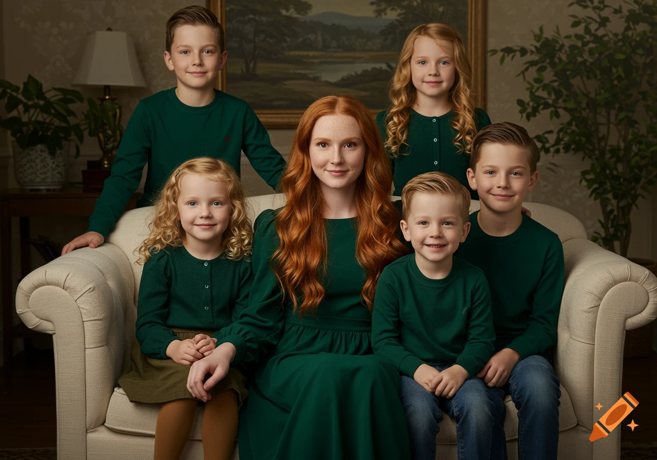 A family portrait featuring a woman with long red hair surrounded by five children, all wearing green tops, sitting on a light-colored sofa in a warmly lit room.