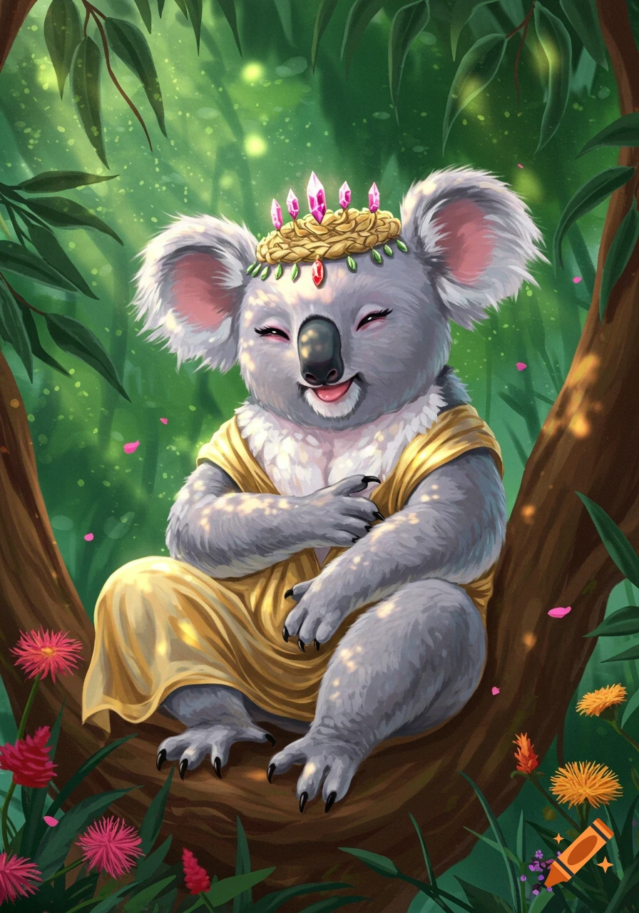 Happy koala queen in a gem crown and golden robe sits in a sunlit tree amidst green leaves and colorful flowers, cartoon style.
