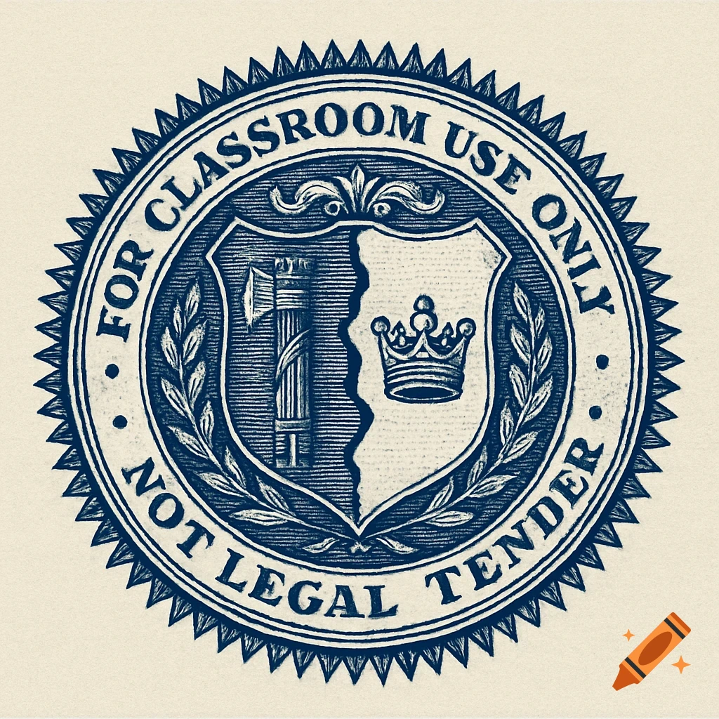 Vintage blue and white engraved seal with 'FOR CLASSROOM USE ONLY' and 'NOT LEGAL TENDER' text. Features a shield with fasces and crown, framed by laurel branches.