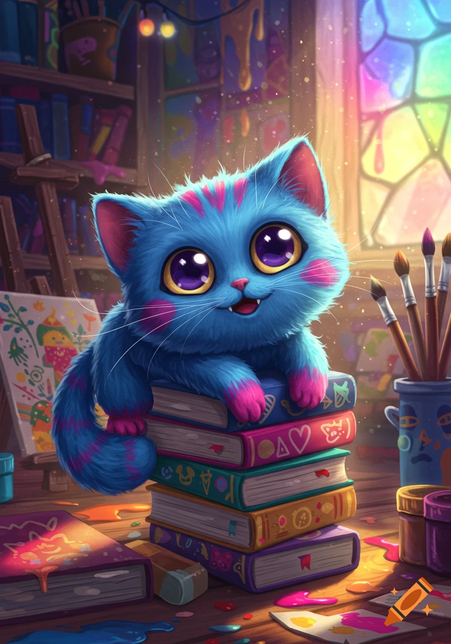 A fluffy blue cat with pink stripes and large purple eyes sits on colorful books in a vibrant art studio with paint and brushes.