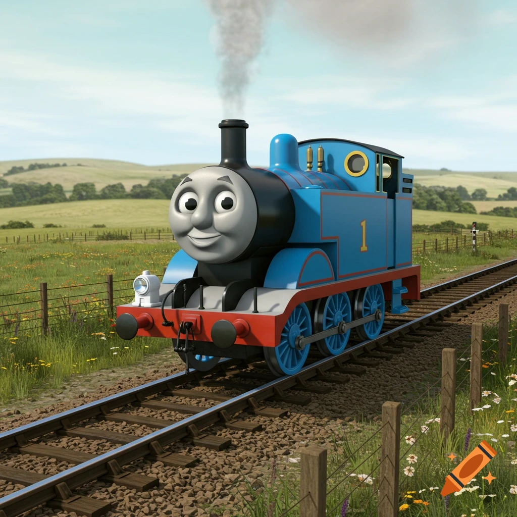Thomas the Tank Engine, a blue cartoon train with a smiling face, travels down a track through a green, grassy field.