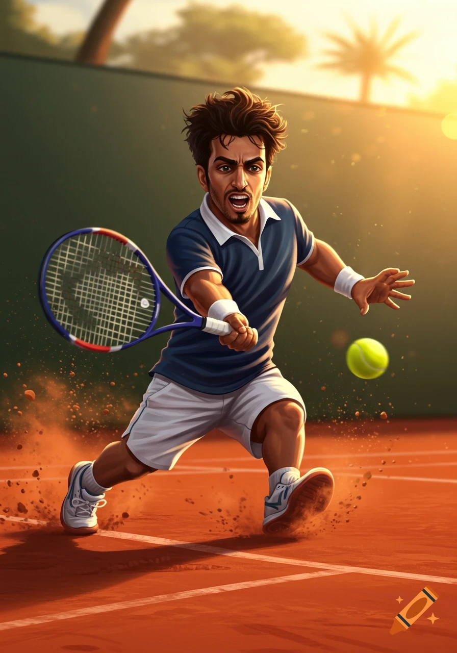 A stylized illustration of a middle-eastern man vigorously hitting a tennis ball on a clay court.