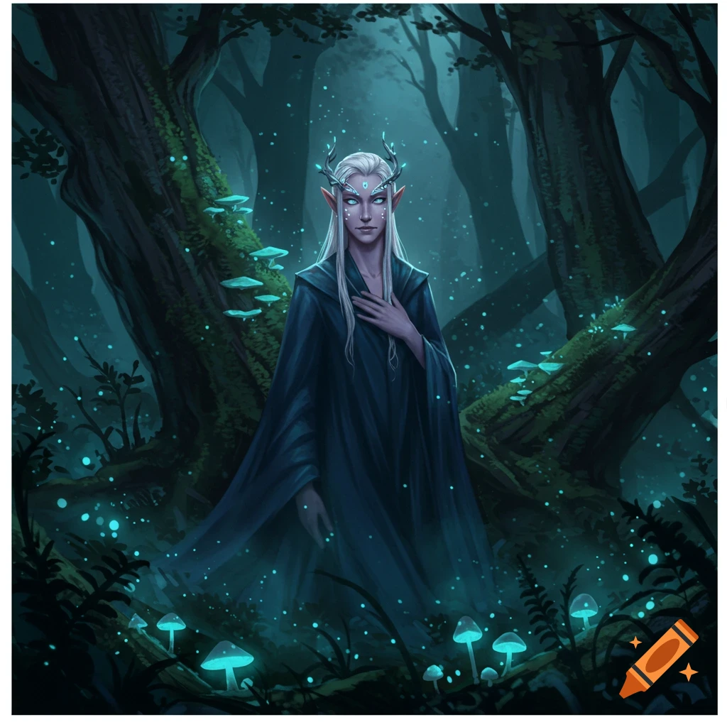 An androgynous elf with long white hair, antlers, and glowing markings stands in a dark, magical forest with glowing mushrooms.
