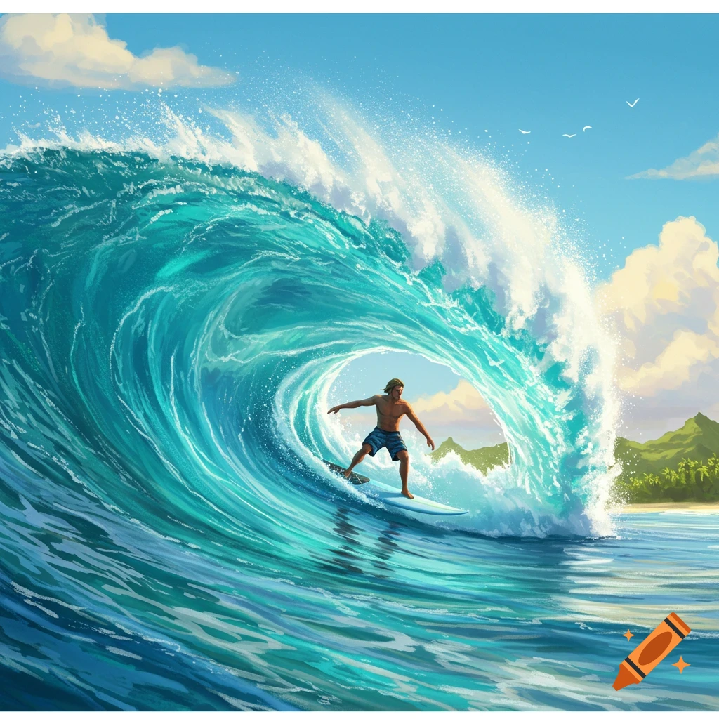 An illustrated male surfer rides a large, vibrant blue barrel wave with a tropical island in the background.