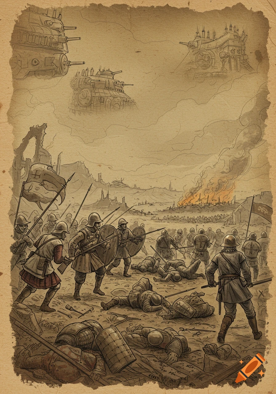 A vintage sketch of a battle with soldiers on the ground and flying steampunk war machines in the sky, against a burning city background.