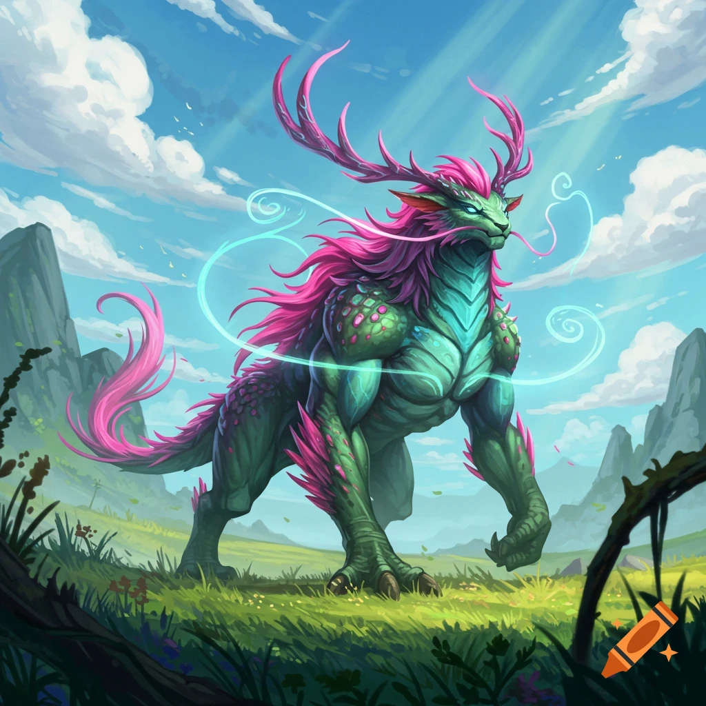 Vibrant digital painting of a green and blue fantasy creature with pink antlers and mane in a grassy field under a blue sky.