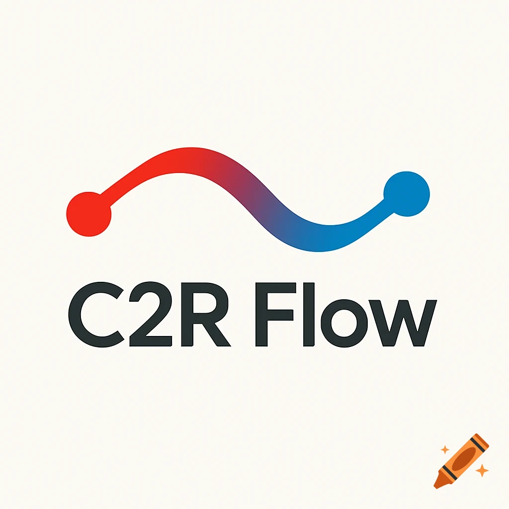 Modern logo for 'C2R Flow' featuring a red-to-blue gradient wave symbol connecting two points on a light background.