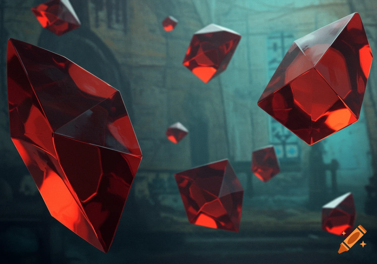 Glowing red faceted crystals float against a dark, blurry background of an old building, rendered in an artistic style.