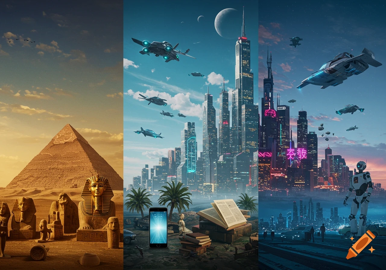 A triptych digital art image depicting past, present, and future: ancient Egypt with a pyramid and sphinxes, a modern city with a smartphone and books, and a futuristic city with flying cars and a robot.