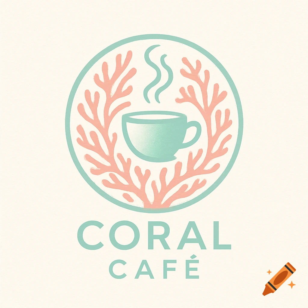 Minimalist Coral Cafe logo with a teal coffee cup, steam, and peach coral branches in a teal circle, with 'CORAL CAFE' text below.