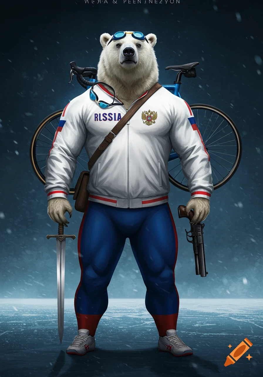 An anthropomorphic polar bear in a white and red athletic jacket, blue pants, swimming goggles, holding a sword and pistol, with a bicycle on its back.