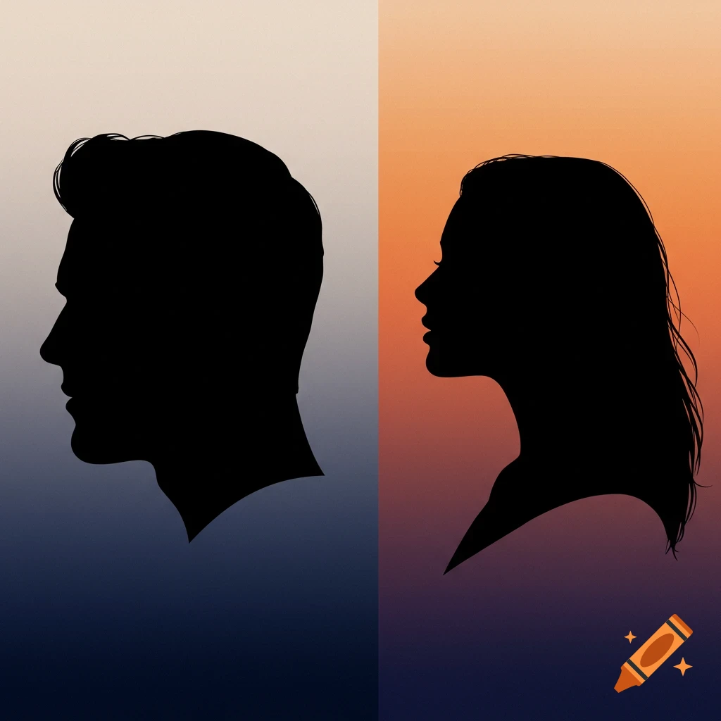 Black silhouettes of a man and a woman in profile, divided by a gradient background of warm and cool tones.