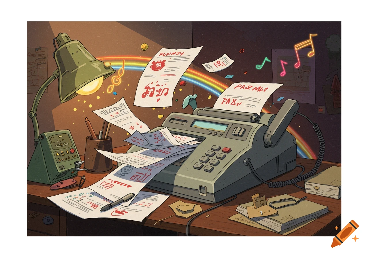 A cartoon illustration of a desk with an old fax machine spewing out papers, surrounded by floating music notes and a rainbow. A green desk lamp illuminates the scene.