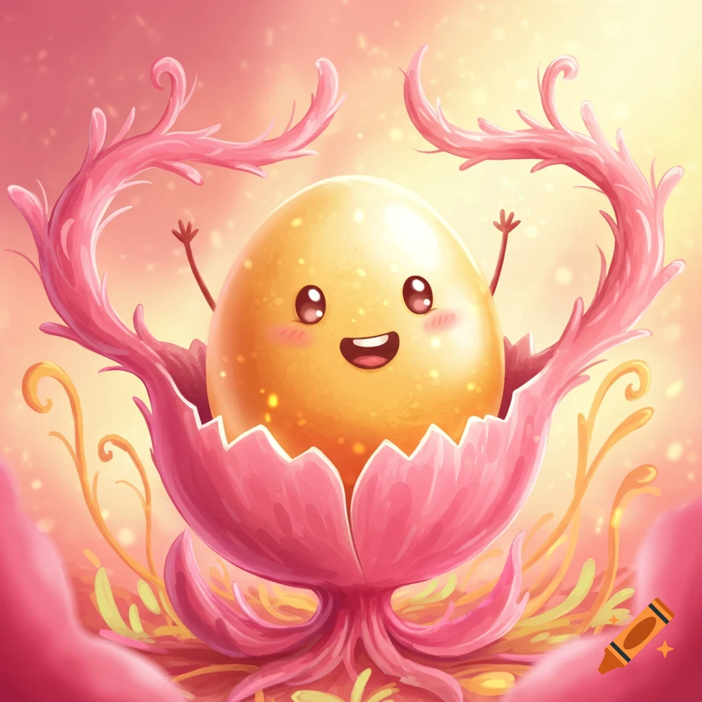 A cheerful, golden egg with a happy face emerges from a vibrant pink, flower-like structure in a whimsical cartoon style.