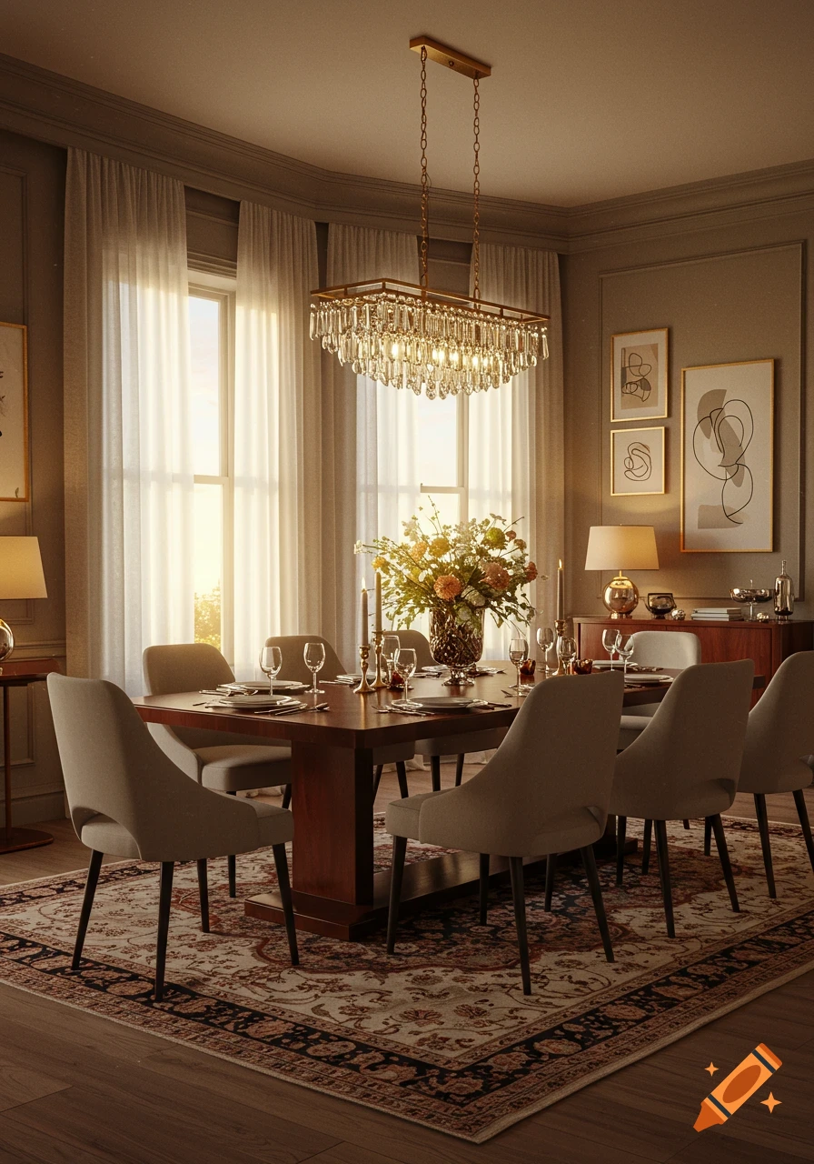 An elegant dining room features a long wooden table set for dinner, surrounded by modern upholstered chairs, beneath a shimmering crystal chandelier. Bright sunlight streams through large windows with sheer curtains, illuminating the room which is decorated with abstract art and a patterned rug.