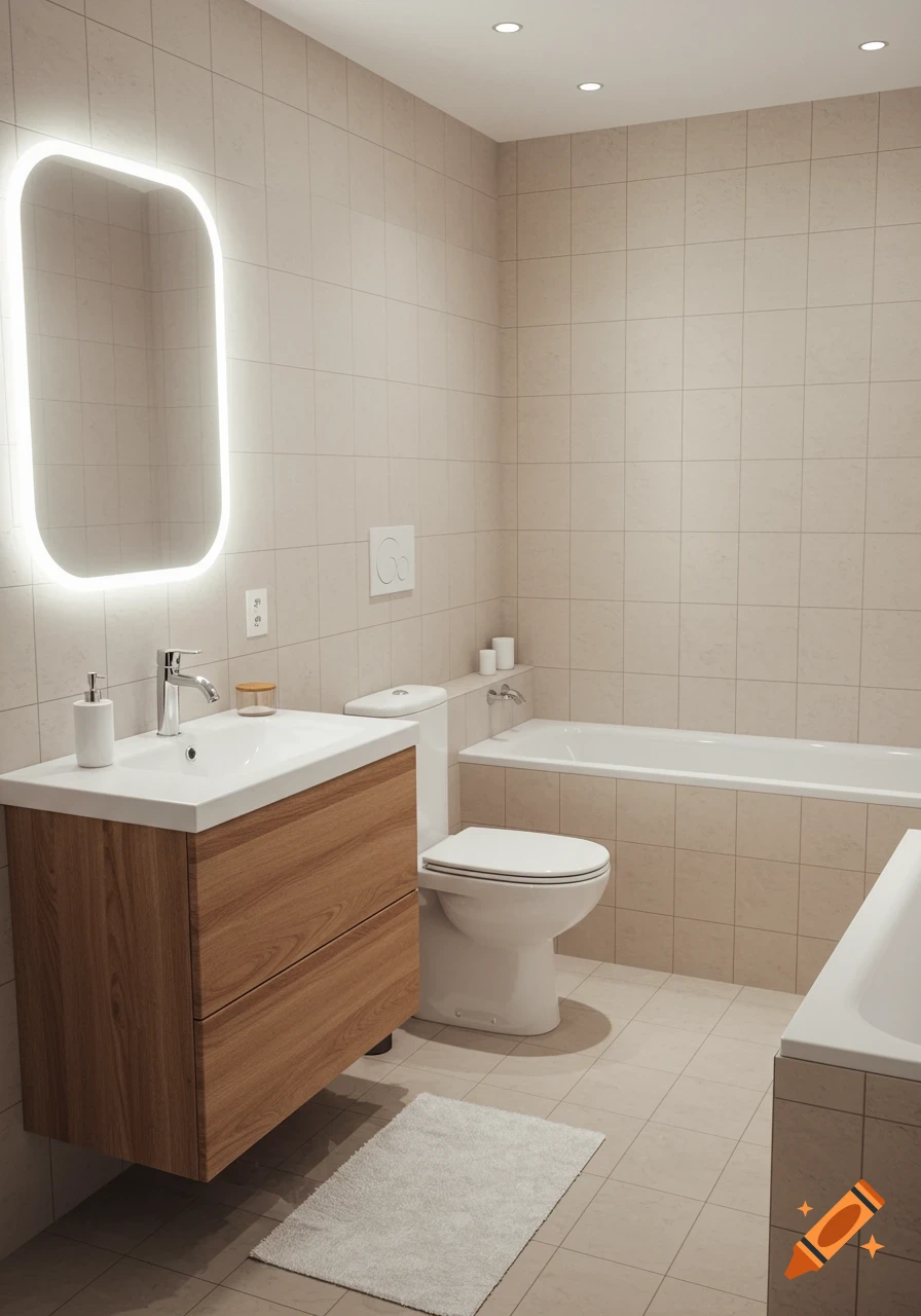 A modern bathroom features a wooden vanity with a white sink, an illuminated mirror, a toilet, and a bathtub.