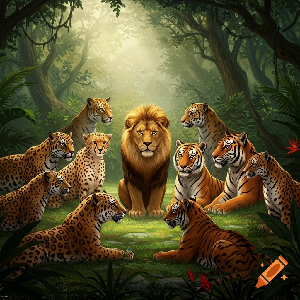A majestic lion sits surrounded by tigers, jaguars, and cheetahs in a sun-drenched jungle clearing, depicted in a realistic illustration style.