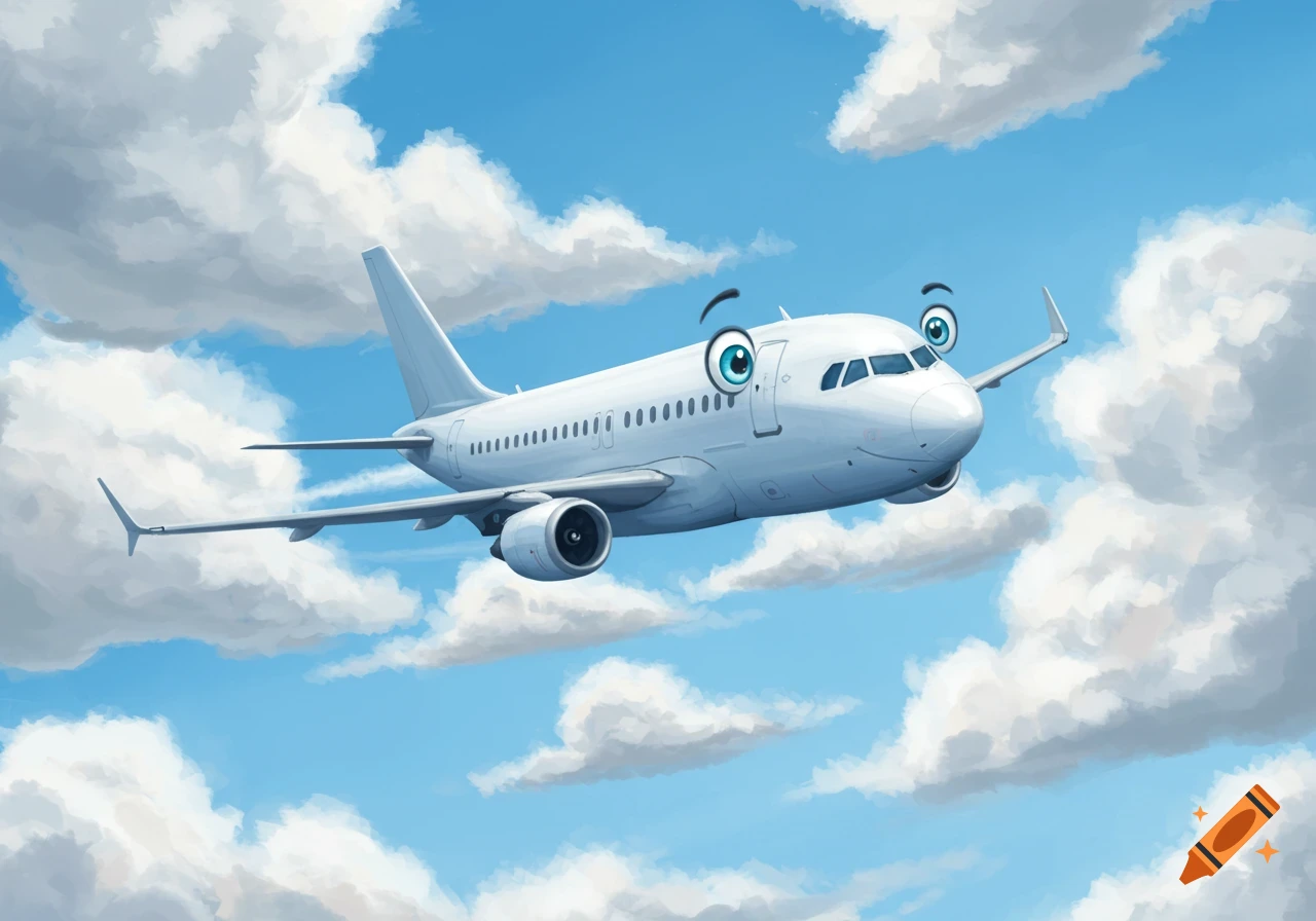 A smiling white cartoon airplane with big blue eyes flies through a blue sky filled with fluffy white clouds.