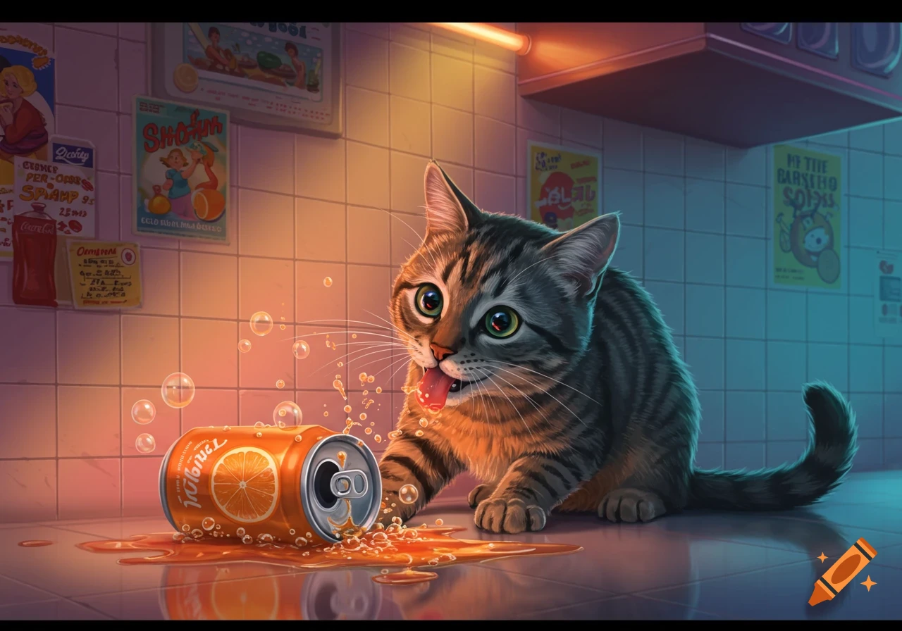 A cute tabby cat sticks its tongue out at a spilled orange soda can on a tiled floor, with bubbles and liquid everywhere. Cartoon style.
