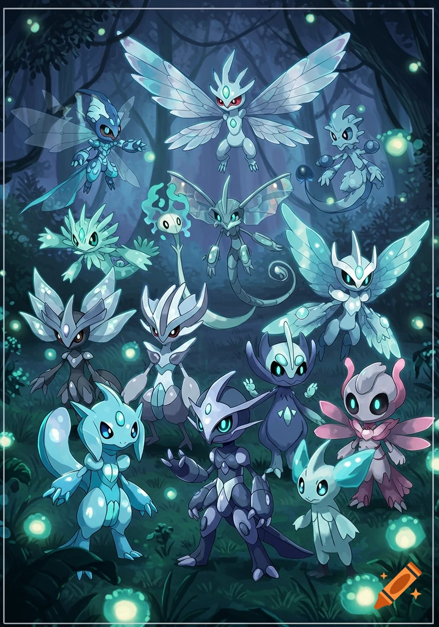 A group of blue, teal, and gray anime-style fantasy creatures (Fakemon) with wings and horns, posed in a glowing forest.