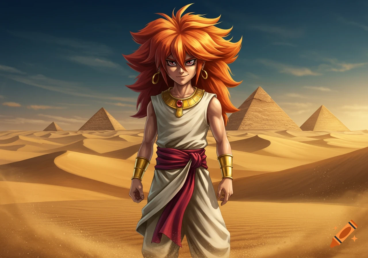 An anime-style character with spiky orange hair, wearing a white tunic with a red sash and gold jewelry, stands in a desert with pyramids in the background under a blue sky.