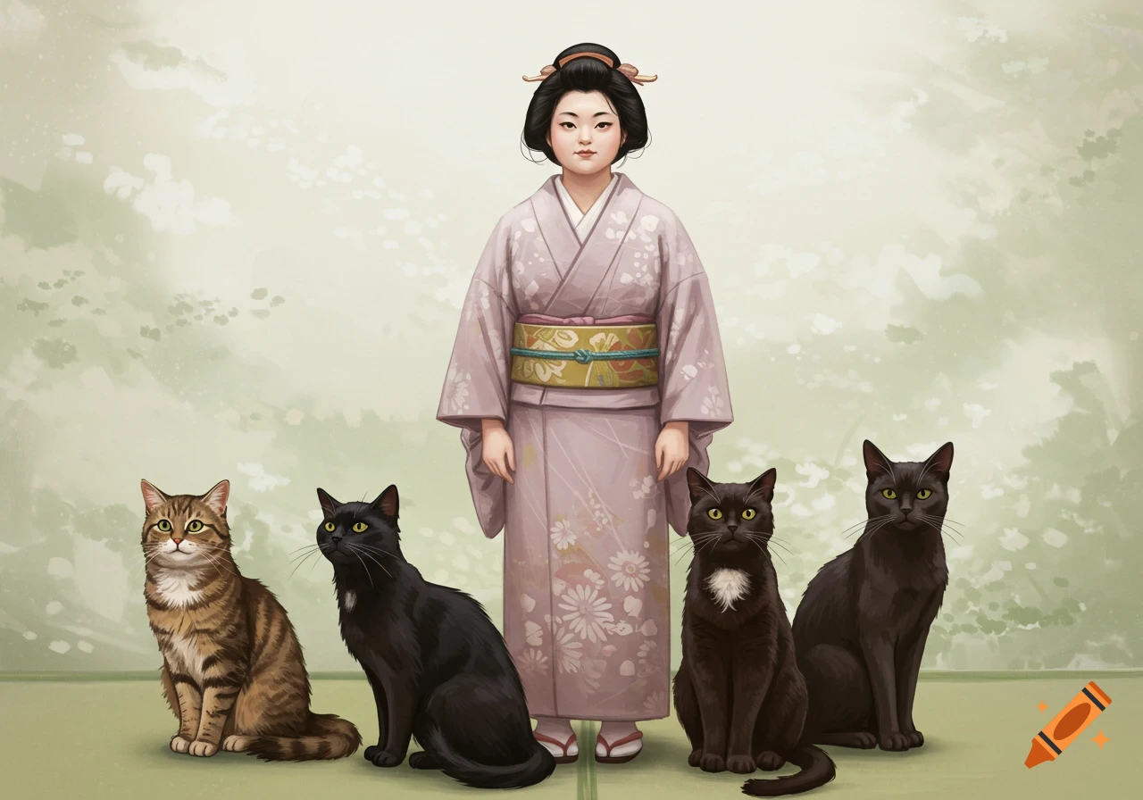 A Japanese woman in a light purple kimono stands amidst a brown tabby cat and three black cats, all in an illustrative style.