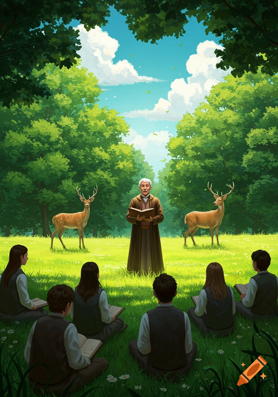 An older man reads a book to students sitting on grass in a lush green forest clearing, with two deer standing nearby, in an illustrative style.