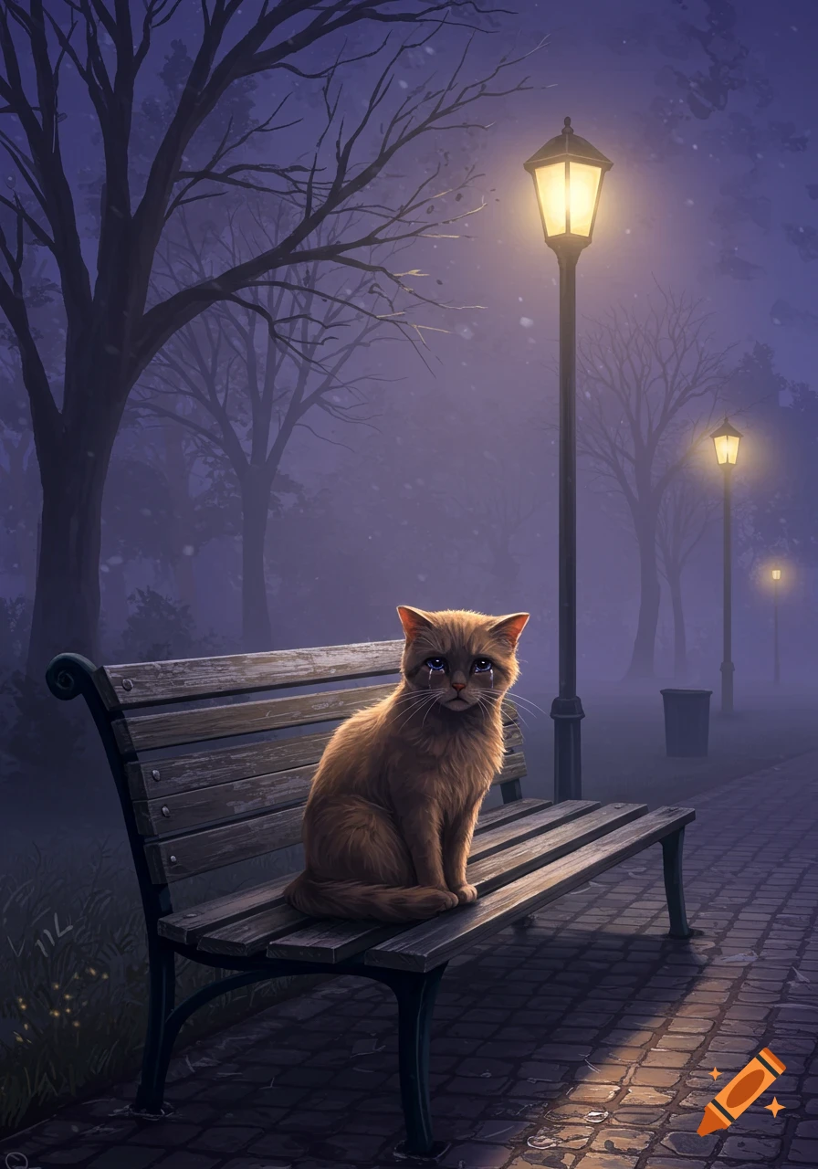 A sad, crying brown cat sits on a wooden park bench under a glowing streetlight in a misty park at night, digital art.
