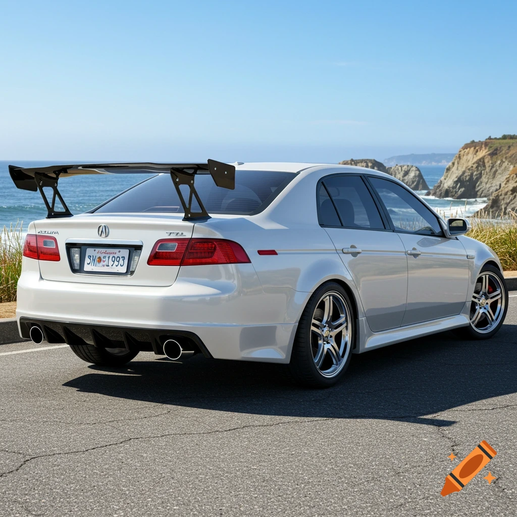 A white Acura TL sedan with a large black spoiler and chrome wheels parked by the ocean with cliffs in the background.