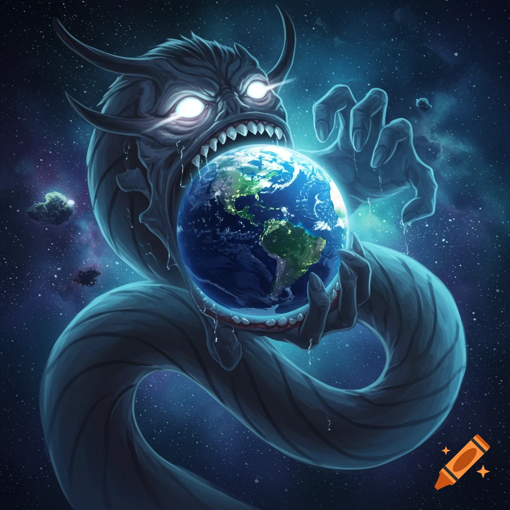 A monstrous, horned creature with glowing eyes devours the Earth in a starry cosmic background, rendered in a dark, illustrative style.