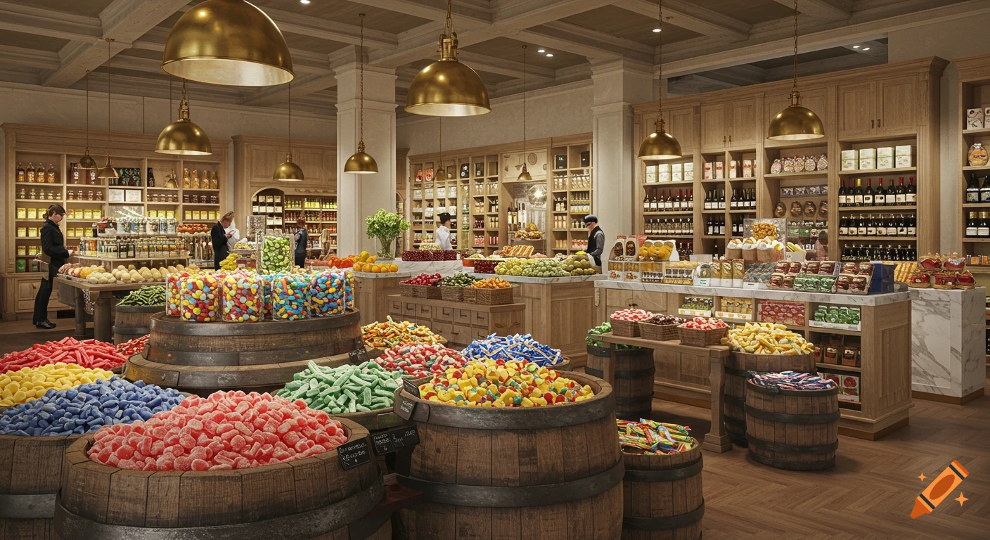 A photorealistic luxury grocery store with large brass light fixtures and light wood shelves. Barrels of colorful bulk candies fill the foreground, with customers browsing aisles of gourmet foods and wines in the background.