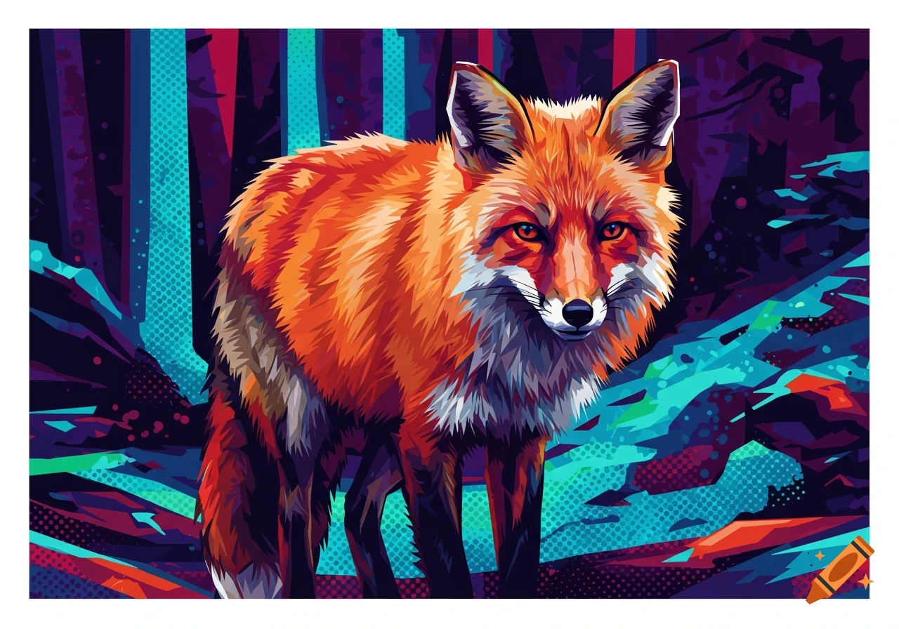 Pop art illustration of a red fox in a vibrant, stylized forest.