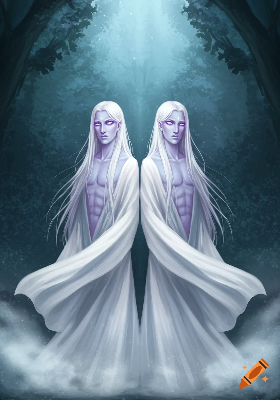Two identical fantasy twin males with long white hair, glowing purple eyes, pale skin, and white robes stand in a dark, misty forest.
