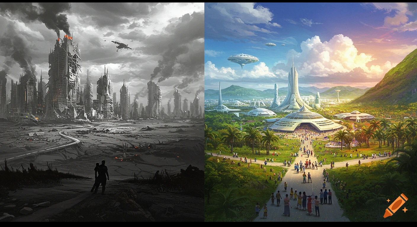 A split digital painting: a black and white ruined apocalyptic city on the left, a vibrant utopian city on the right.