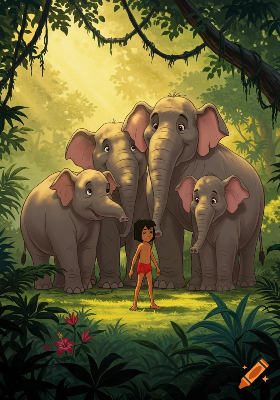 Mowgli, a boy in red briefs, stands among four elephants in a lush jungle, in a classic 2D Disney animation style.