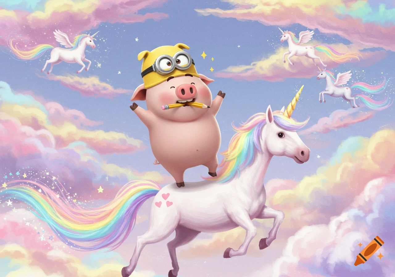A cheerful cartoon pig wearing a yellow Minion hat and holding a pencil in its mouth rides a rainbow-maned unicorn across a sky filled with pastel clouds and other flying unicorns.