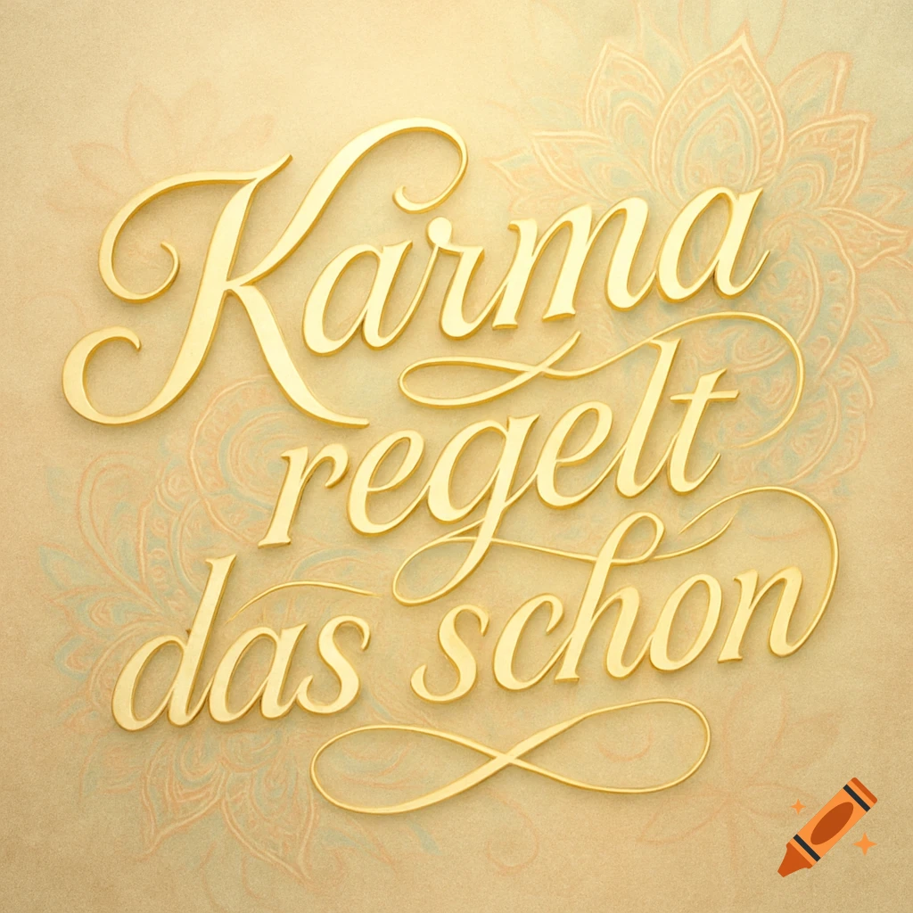 Golden script text 'Karma regelt das schon' on a textured beige background with a faint mandala pattern.