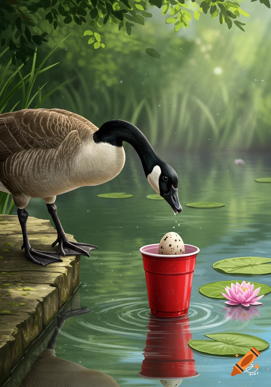 A Canada goose drops a speckled egg into a red solo cup floating on a pond with lily pads, digital painting.