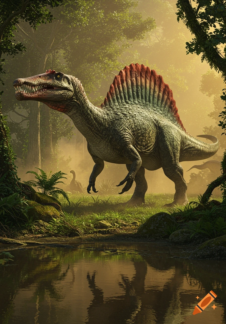 A photorealistic Spinosaurus with a red and green fin stands in a misty, golden-lit jungle with a reflective puddle.