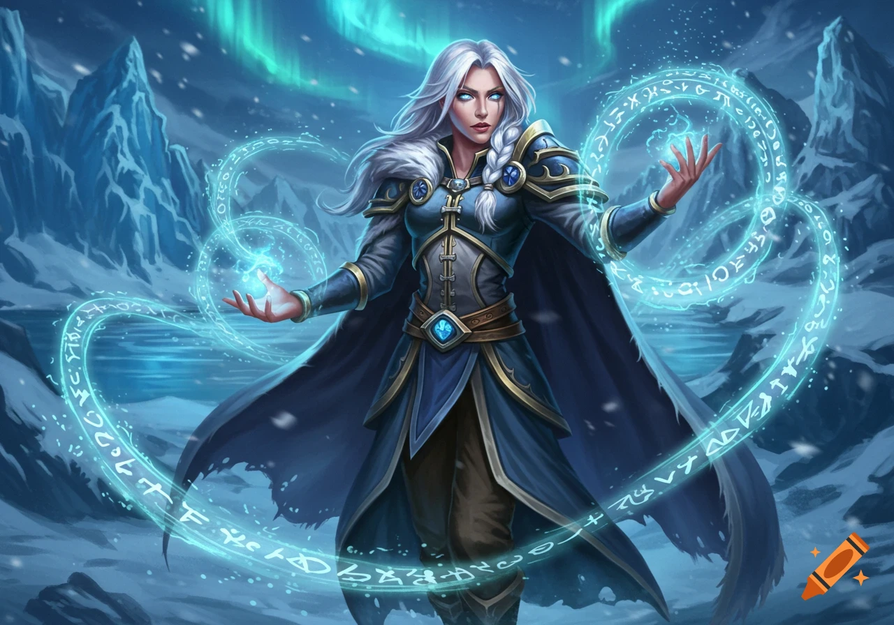 White-haired female mage in blue and gold armor casting a spell with glowing runes in a snowy landscape under an aurora.