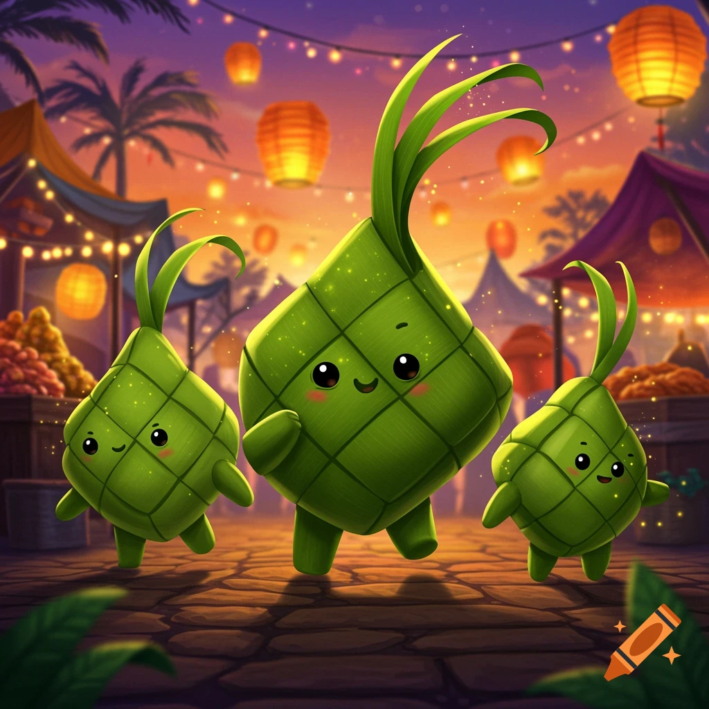 Three cute, smiling ketupat characters walk through a vibrant, lantern-lit night market in a cartoon fantasy style.