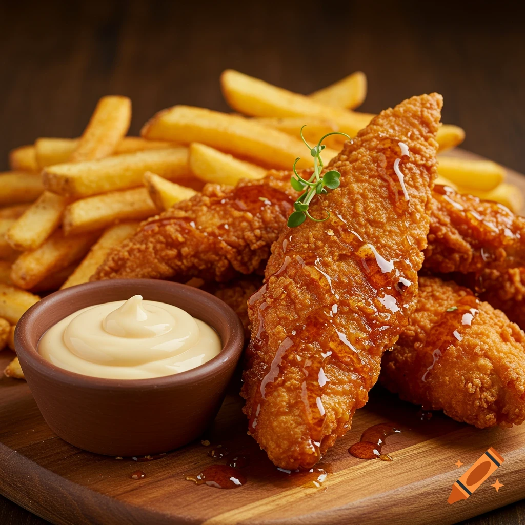 Crispy fried chicken tenders with hot honey drizzle, golden fries, and a bowl of creamy dipping sauce on a wooden board.