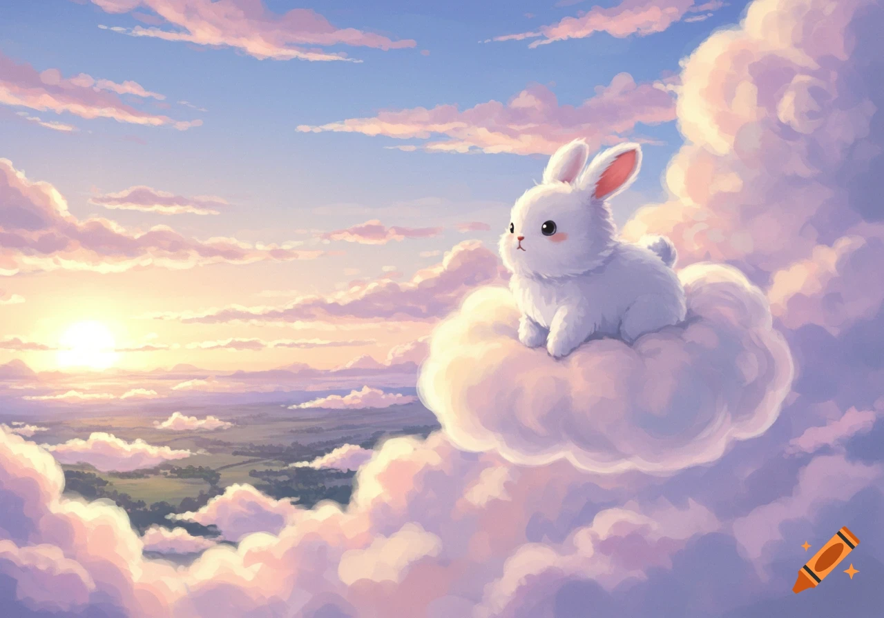 A fluffy white bunny sits on a pink cloud looking at a sunset over a distant landscape in an anime illustration.