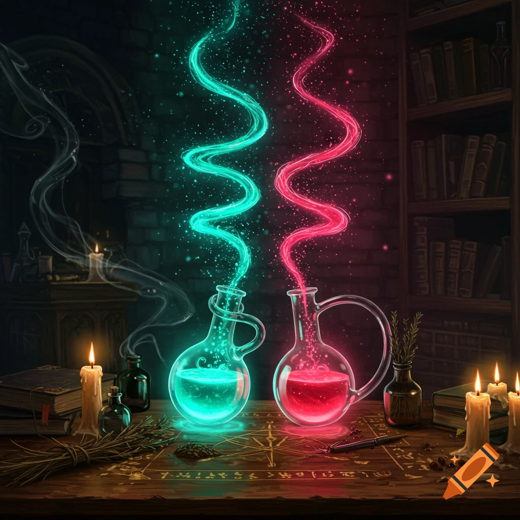 Two glowing potions, one green and one red, emit swirling magical energy on a wooden table adorned with candles and arcane symbols in a dark room.