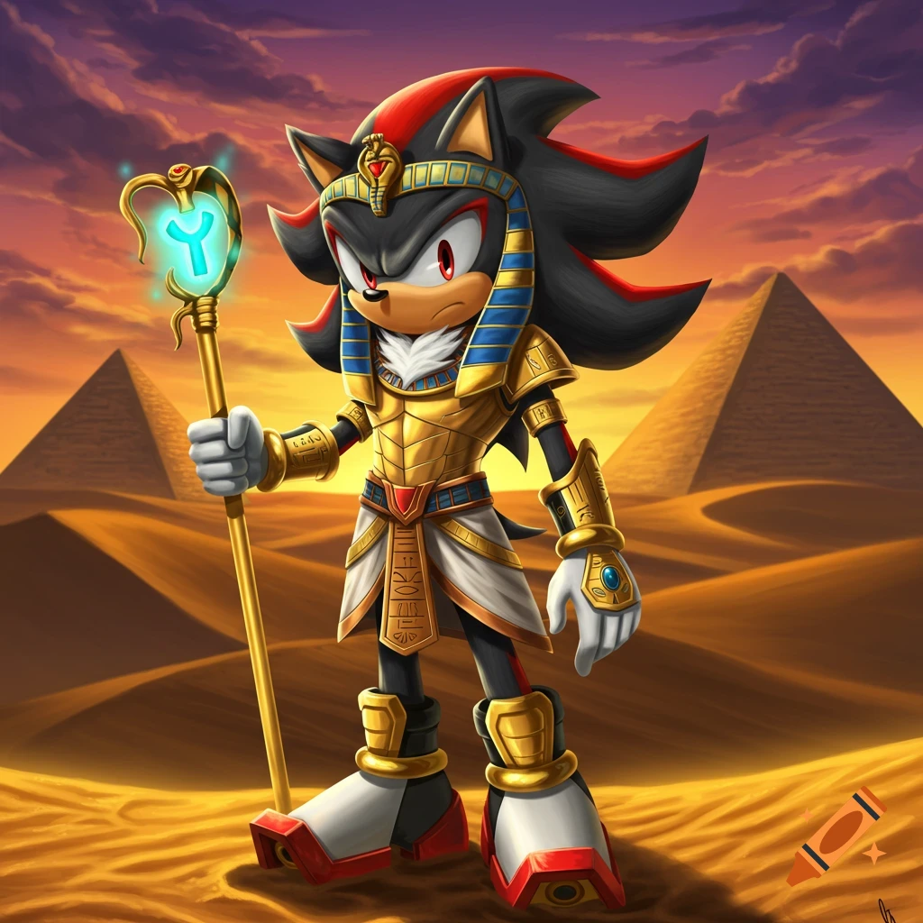 Shadow the Hedgehog in an Egyptian pharaoh outfit, holding a glowing staff, stands in a desert with pyramids at sunset.