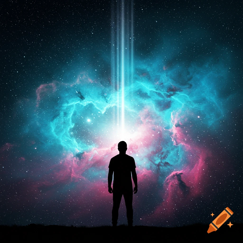 Silhouette of a person standing under a bright light beam descending from a vibrant pink and blue nebula in a starry night sky.